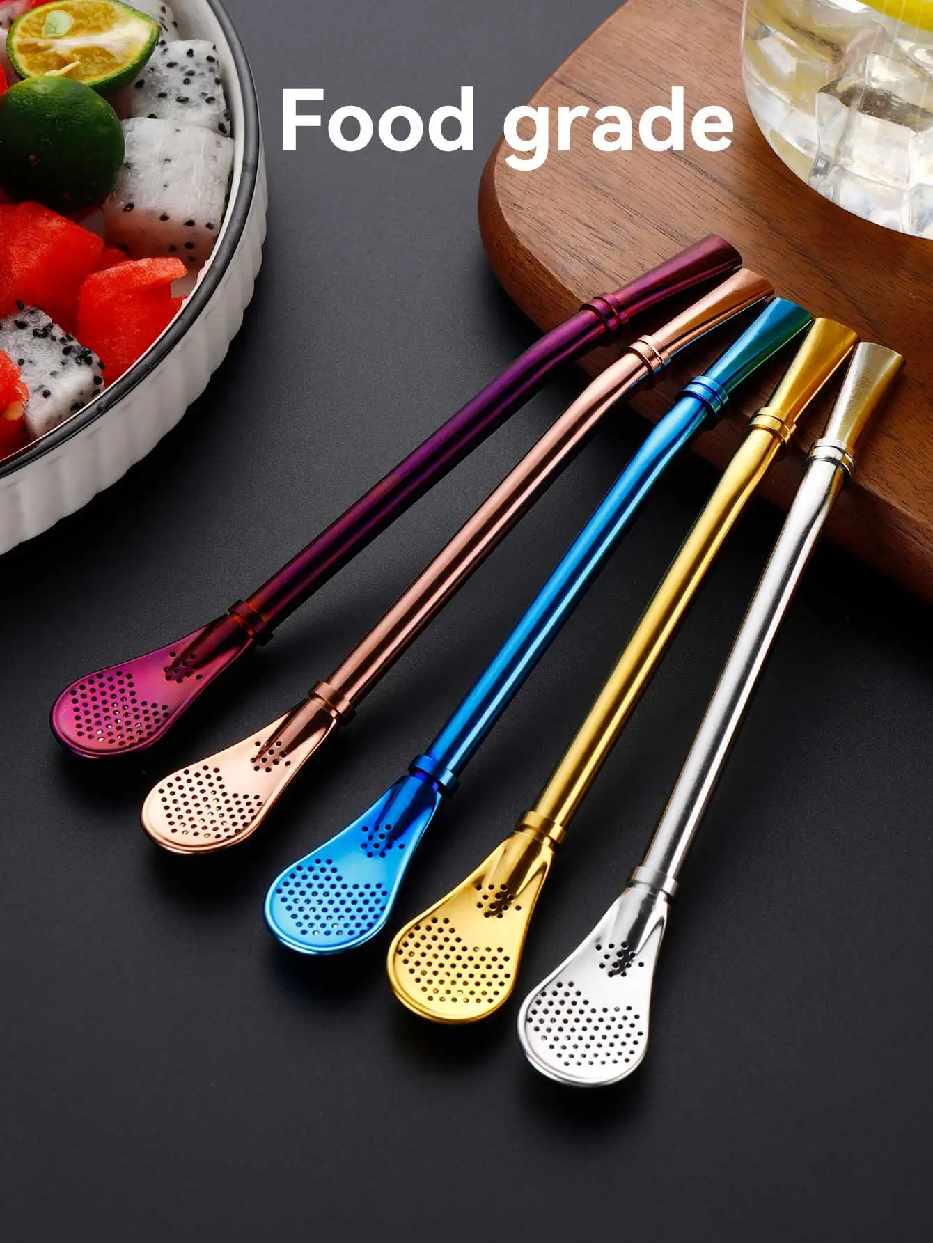 WORTHBUY 18/8 Colorful Stainless Steel Tea Drinking Straws Spoon Tea Filter Reusable Bombilla Gourd Tea Tools Bar Accessories