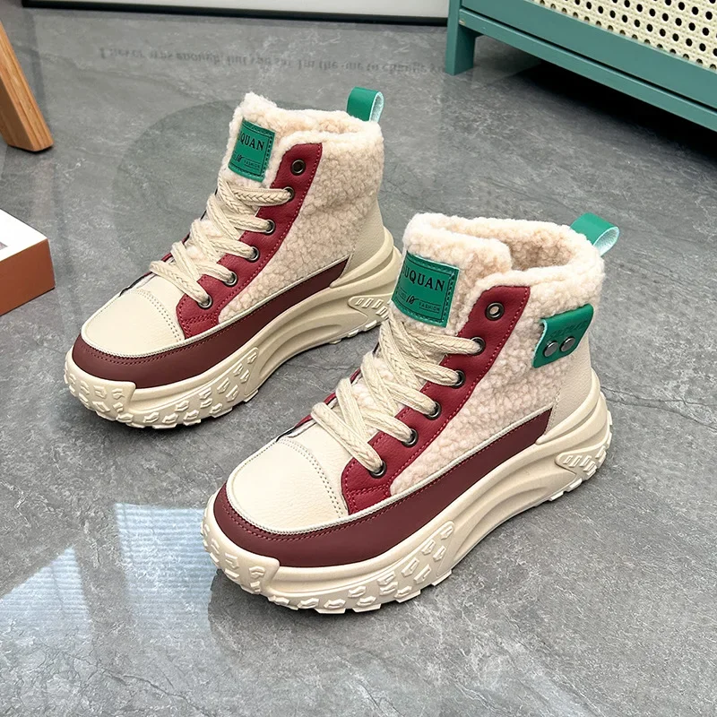 Winter Warm lamb\'s wool students cotton shoes tide casual Flats sneakers PU Plush Women Ankle Boots Lace Up Ladies Snow Boots