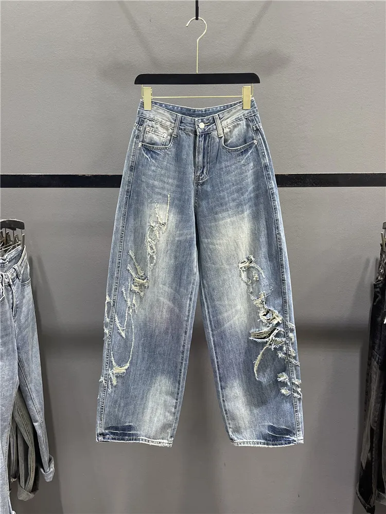 

Retro Distressed Wide Leg Denim Jeans Women's Spring Summer New High Waist Loose Straight Old Dad Pants Casual Style