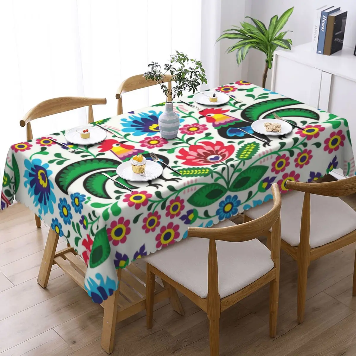 Botanical Rooster Pattern Tablecloth Rectangular Waterproof Polish Folk Traditional Flowers Table Cover Cloth for Kitchen