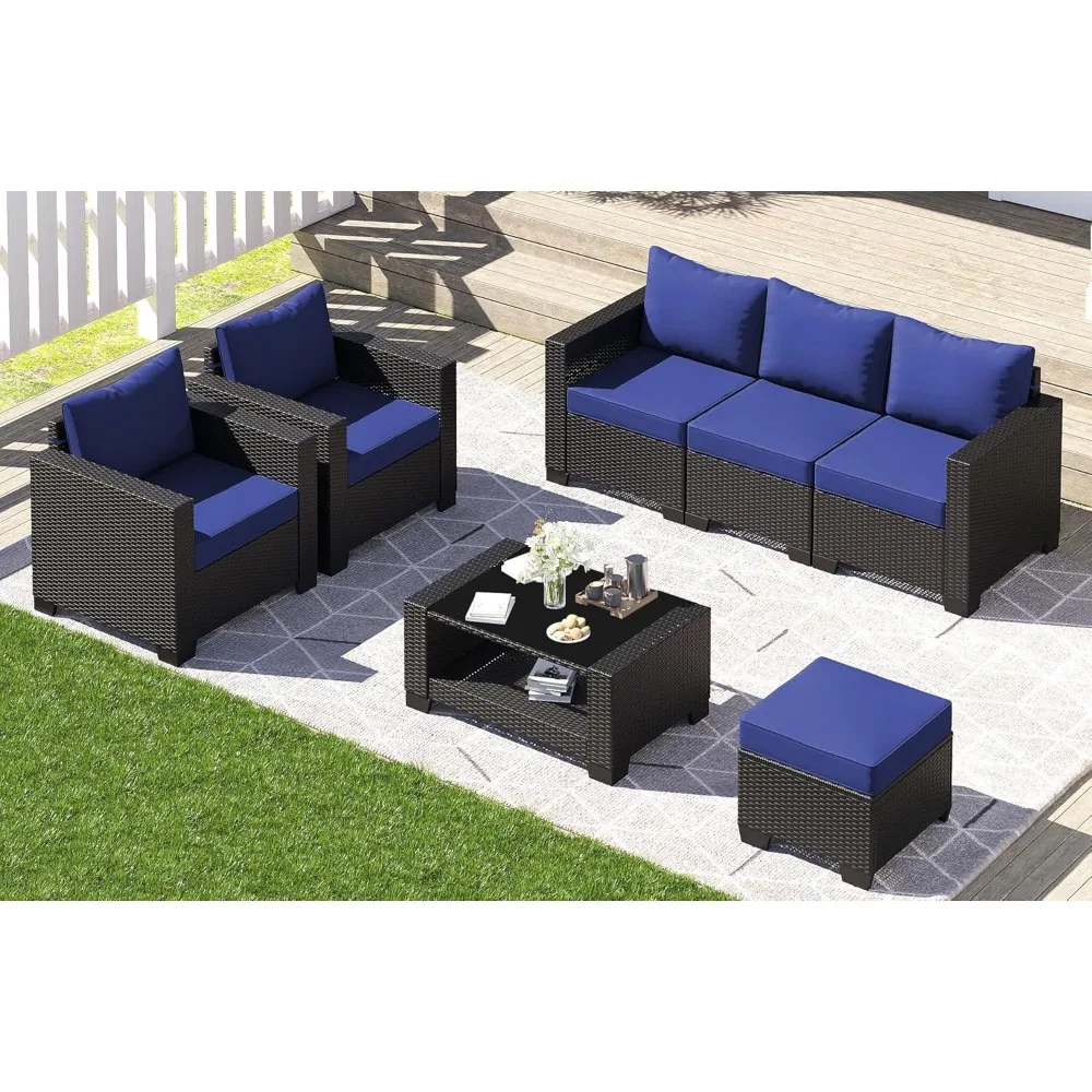 

7 Piece Outdoor Patio Furniture Set, Rattan Chairs Glass Table Wicker Conversation Seating Sectional Sofa with Cushions Colorful