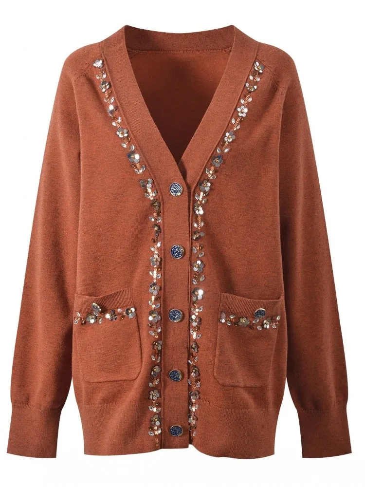 Damski sweter na jesień, luźny krój, długi rękaw, dekolt w serek, dzianinowy kardigan, kurtka z cekinami, modny, zapinany na jeden guzik.