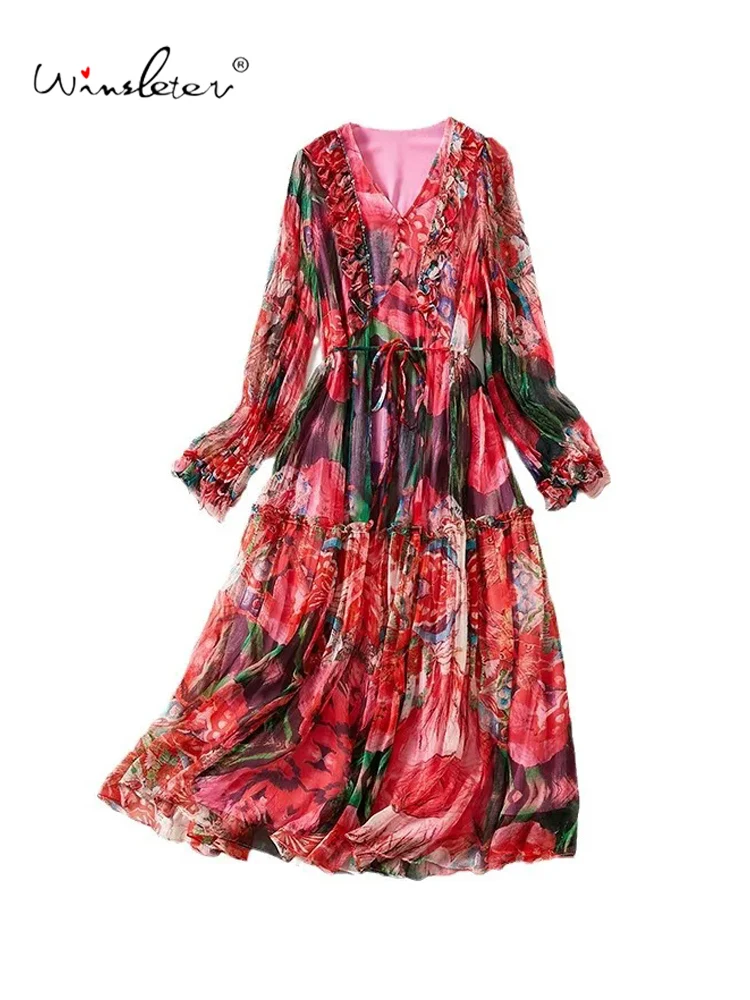 

Winsleter,Women Long OL Temperament Lace-Up Elegant Dress,100%Mulberry Silk Printed Party Dress,2024 Spring Summer D41303QC