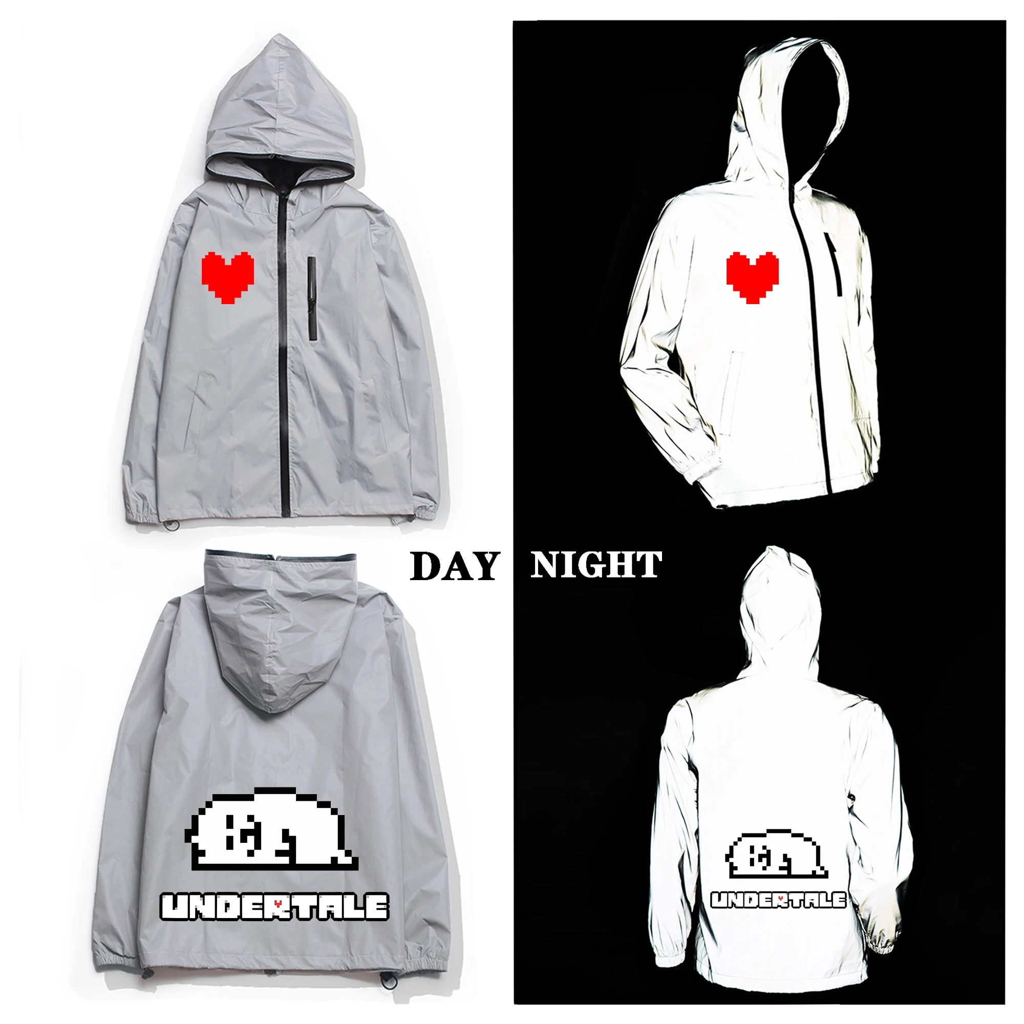 Cartoon Game Undertale Sans Skull Reflective Jacket Mens Womens Coat Hooded Windbreaker Run Pocket Jackets Zipper Custom Hoodie