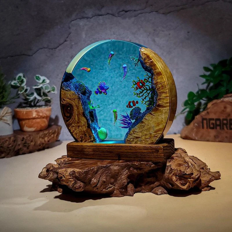 Ocean Aquarium Organism Resin Table Light Creactive Art Decoration Tropical Fish Coral Theme Night Light  USB Charge