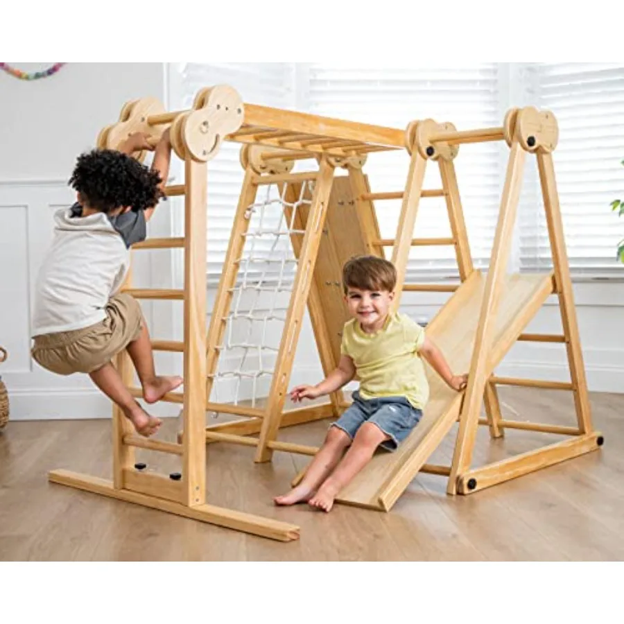 

7-in-1 Indoor Playset for 2-6 with Slide Climbing Wall Ladder Net Bars Swing Ring - USA