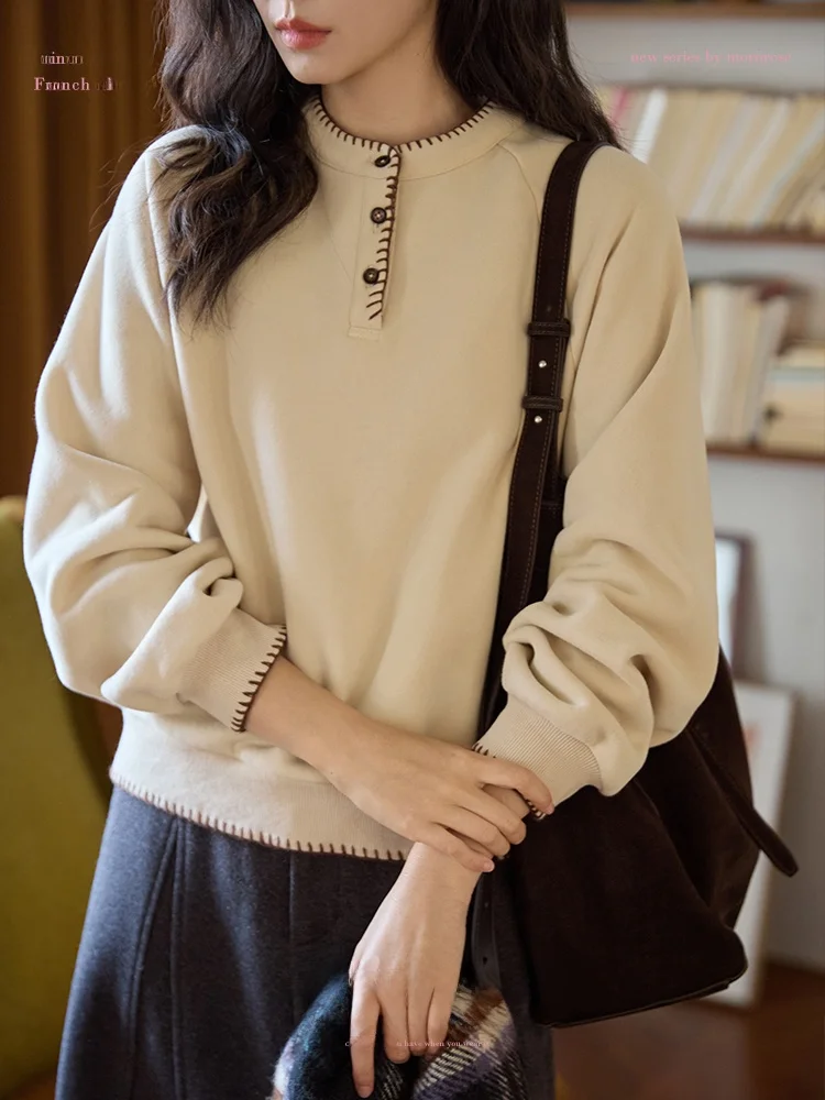 

Moriirose Women's Oversized Fleece Lined Hoodie with Embroidery Winter Commute Style Long Sleeve round Neck Single Button Detail