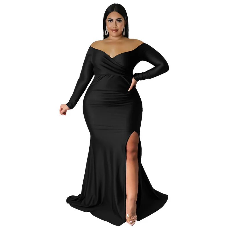 L-4XL 2023 wiosna kobiety odzież moda V Neck z długim rękawem Bodycon podział Sexy Party wieczór Plus rozmiar sukienki kobiece stroje