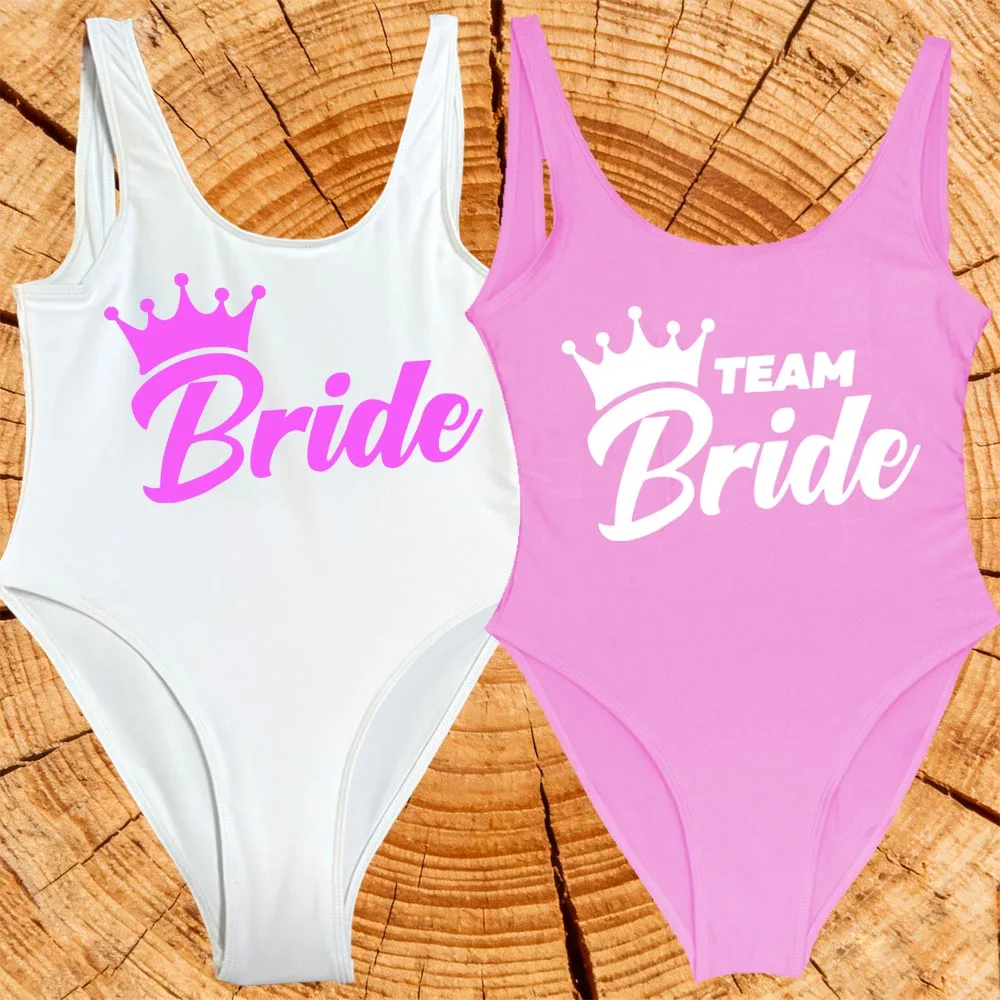 

S-3XL Team Bride Swimsuits One-Piece Bridal Swimwear Pink Crown Women Bathing Suits Bachelor Party Bodysuits Sexy Summer Suits
