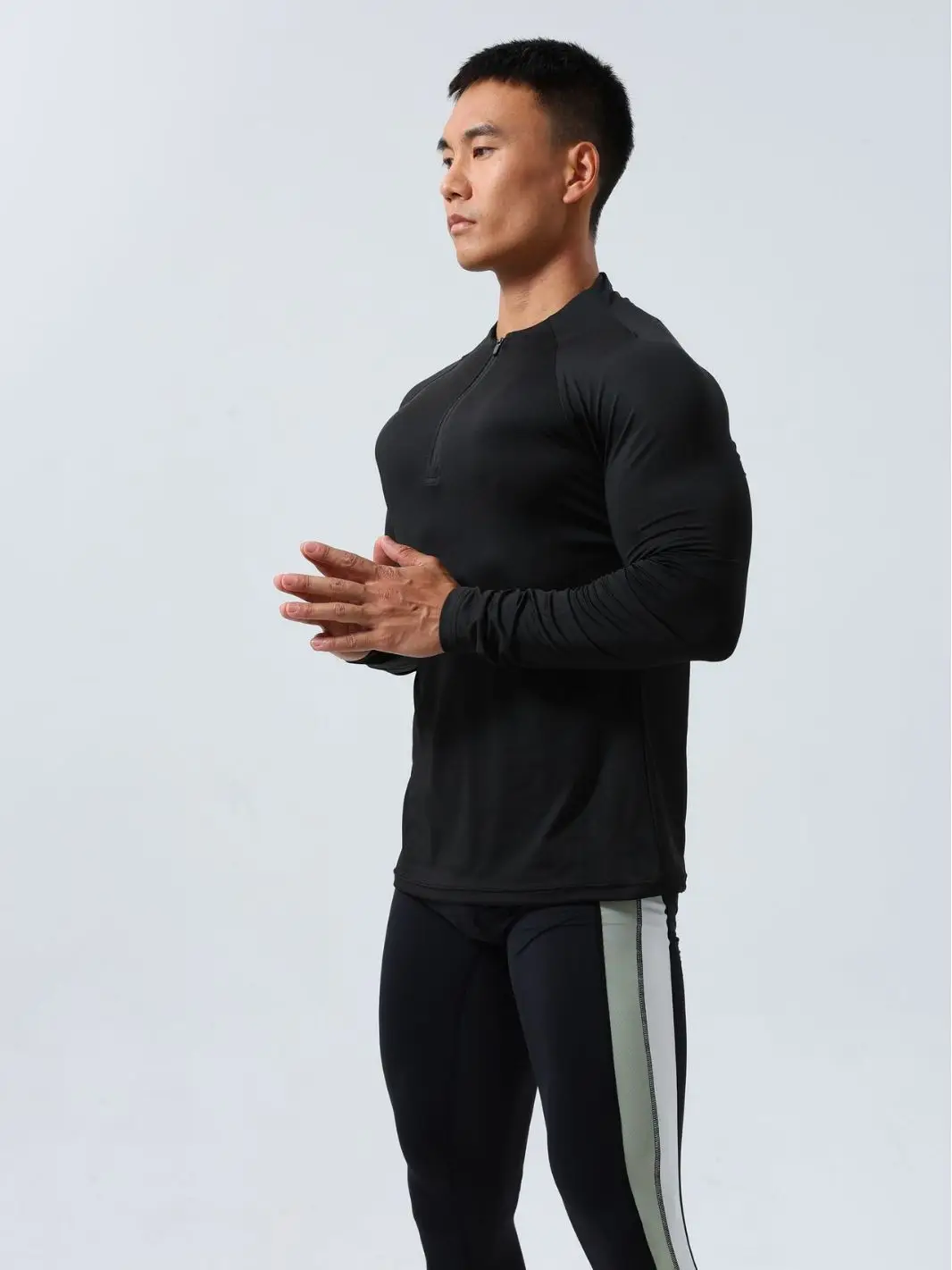 Men\'s Autumn Zipper Elastic Tight Long Sleeve Outdoor Breathable Sports Fitness Leisure Running Training Youth Warm Solid Color