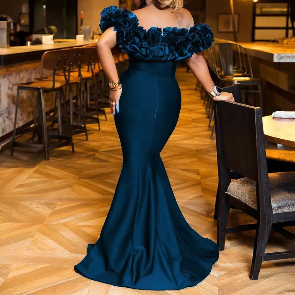 Women Lady Summer Dress Off-The-Shoulder Ruffles Patchwork Slash Neck Mermaid Party Dinner Elegant Evening Black Maxi Dress