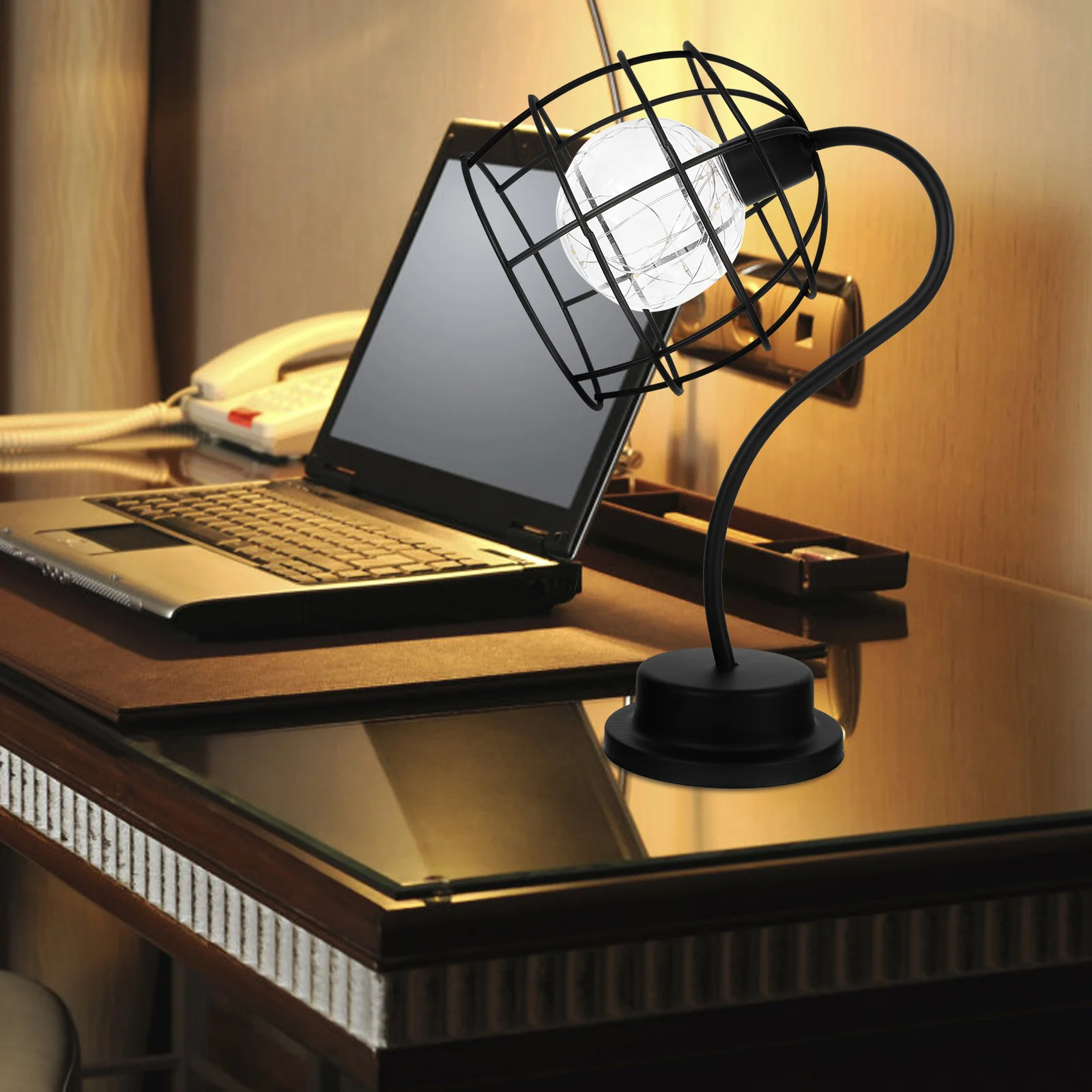

Retro Reading Lamp Vintage Desk Light Iron Wire Cage Bedside Table Lantern Nightlight for Office Study Room Decorative LED Mini