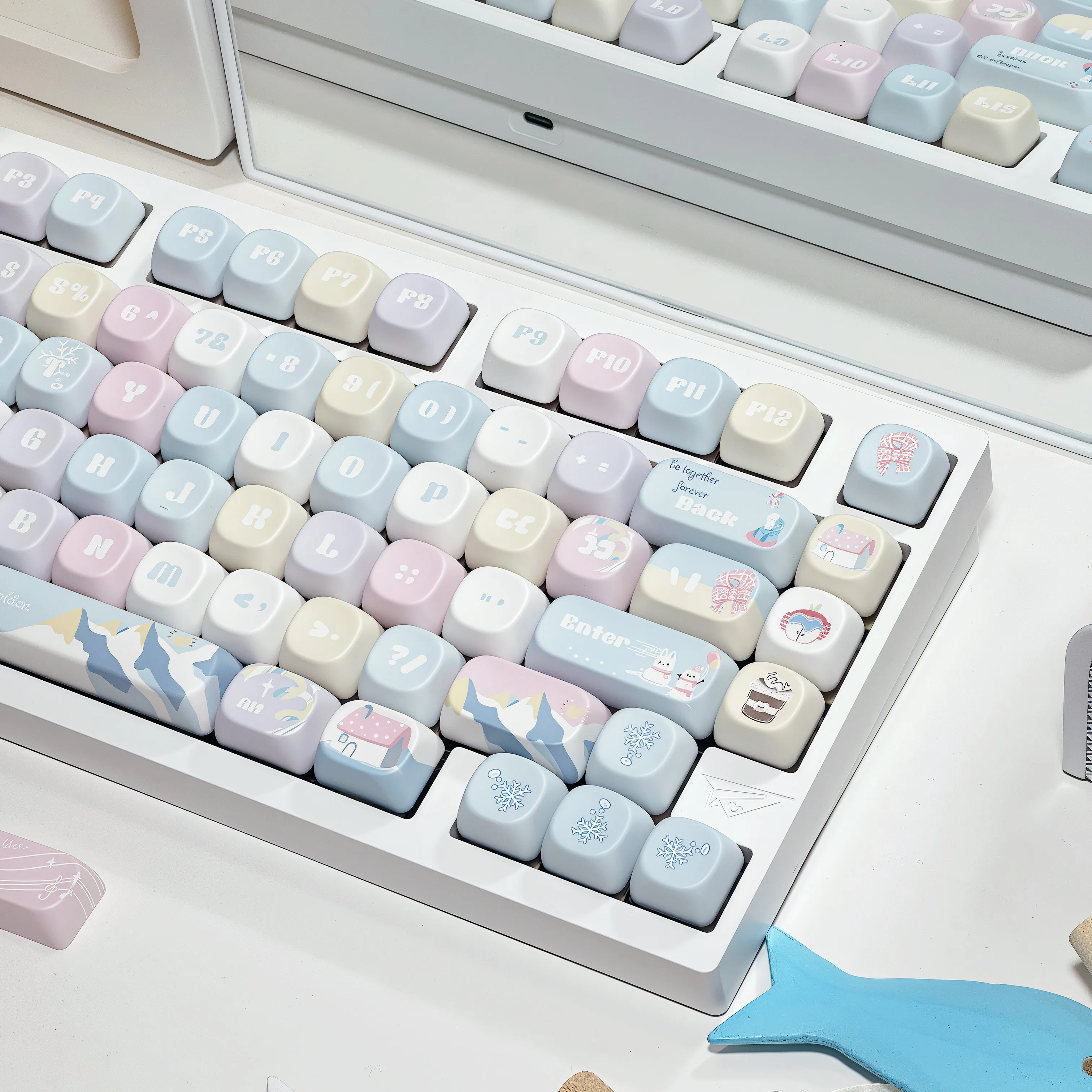 Kawaii Pastel Winter Keycaps 129 Keys MOA Blue Pink PBT Dye-Sub Keycap Set for Alice Gaming Keyboard