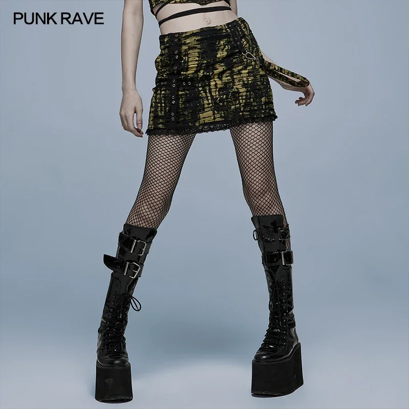 

PUNK RAVE Women's Gothic Decadent Texture Broken Holes Skirt Punk Sexy Knitted Mini Skirts Black-yellow Cross Decal Decoration