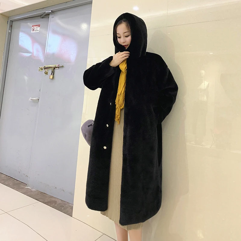 Women\'s Thickened Fur Long Coat Casual Loose Hooded Coat Winter Thermal Fleece Coat 2024 New Elegant Solid Color Coat