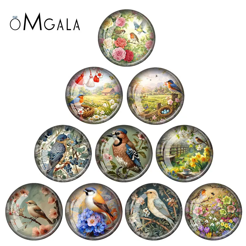 Retro Bird With Flowers Art Paintings 12mm/16mm/18mm/25mm Round photo glass cabochon demo flat back Making findings