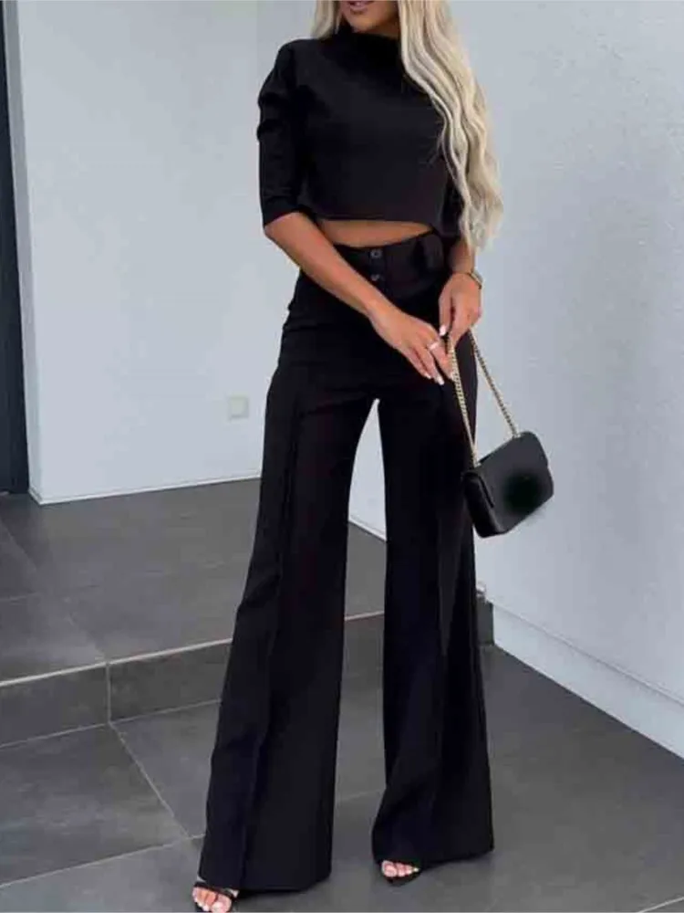 Elegant O-neck Three-quarter Sleeve Short Top + Wide-leg Pants 2-piece Set Women Autumn Fashion Solid Color Office Suit Female