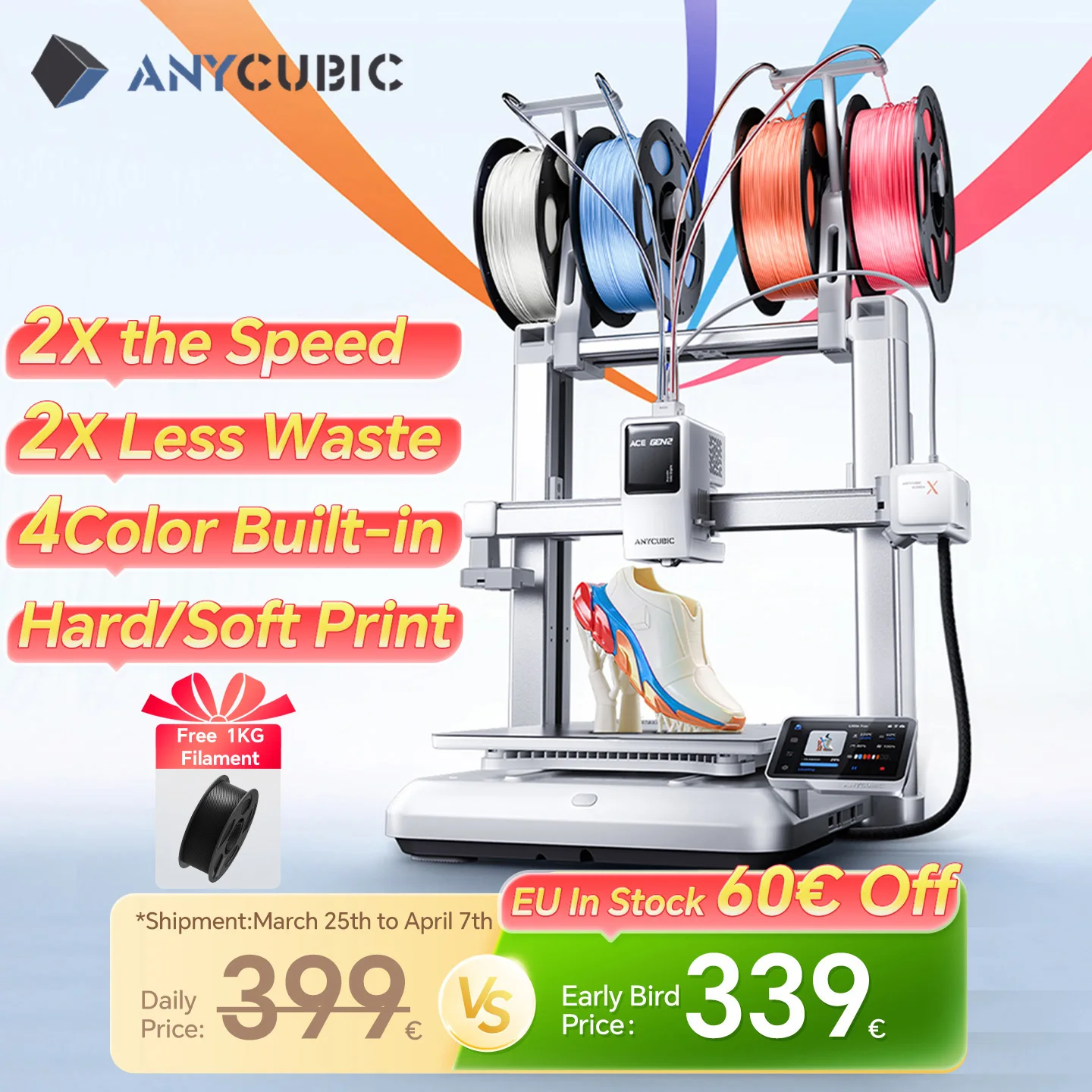 Imprimante 3D ANYCUBIC Kobra X, vitesse d'impression maximale de 600 mm/s, 2 fois plus rapide et plus économique en matériaux, impression 4 couleurs intégrée, nivellement automatique.