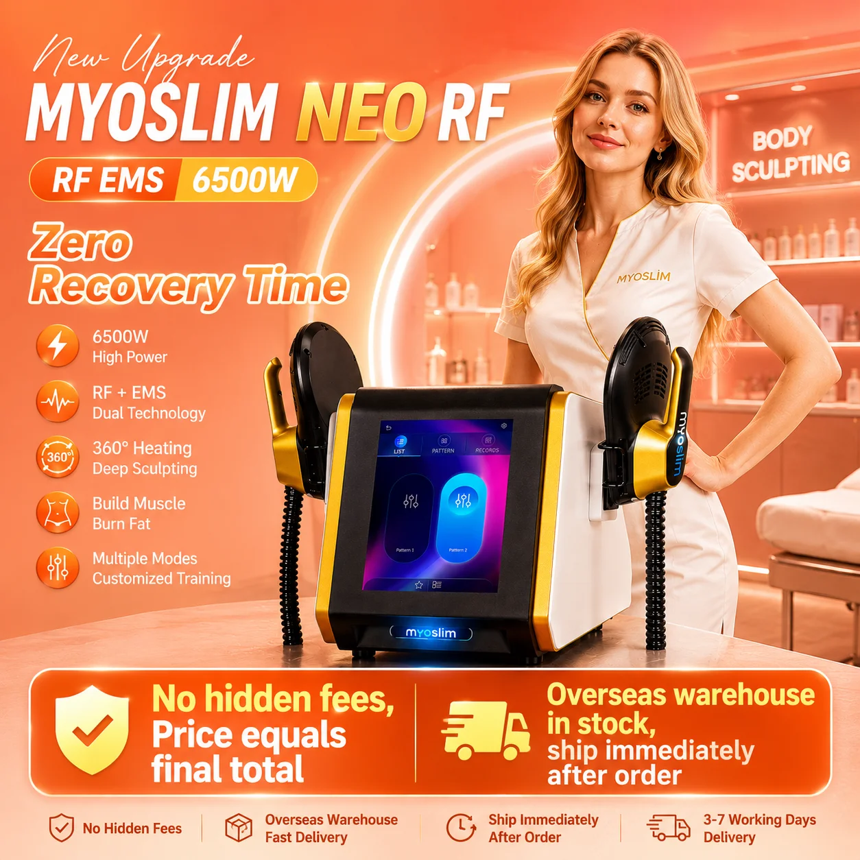NEO RF EMS Body Sculpting Machine, 6500W High Power Electromagnetic Muscle Stimulator, Fat Burning Muscle Building Device for Body Contouring Slimming Salon Beauty Equipment