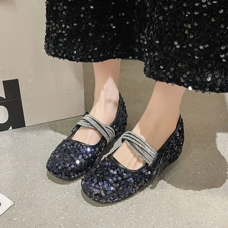 

Женские туфли Мэри Джейн с французскими внутренними пайетками, новинка 2023 года, осенние туфли на мягкой подошве с бантом и одним ремешком
