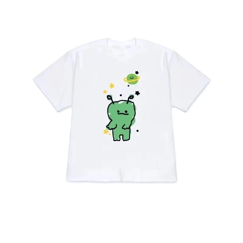 2026 Cartoon Alien Space T-Shirt Cute Hand Drawn Green UFO Print Short Sleeve Men Women Casual Summer Top