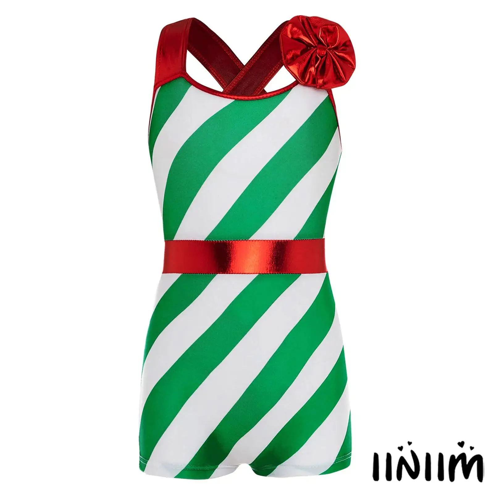 

Kids Girls Christmas Candy Canes Stripes Print Performance Costume Ballet Dance Unitard Short Jumpsuit Kids Xmas Party Dancewear