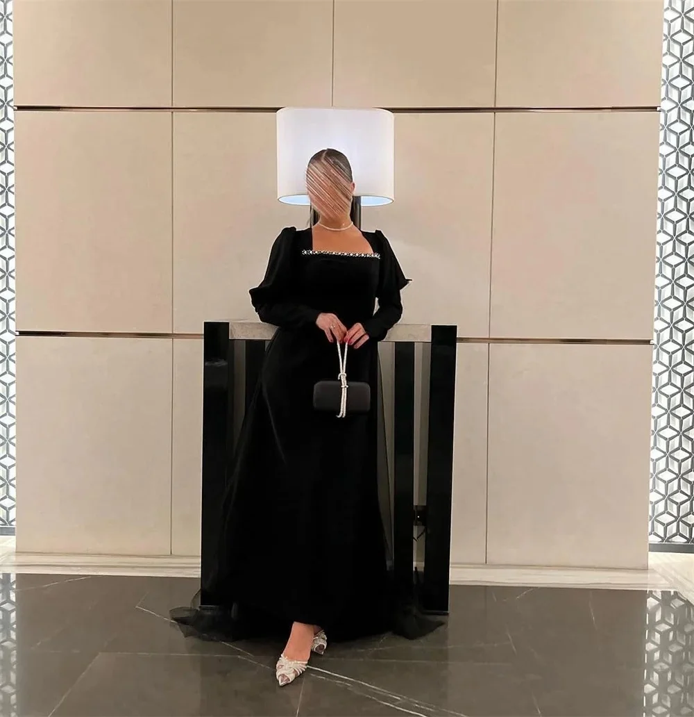 

Black Beaded Long Sleeves Bespoke Occasion Gown Evening Dresses Pastrol Unisex Jersey Retro Dubai Saudi Arabic Prom Customized