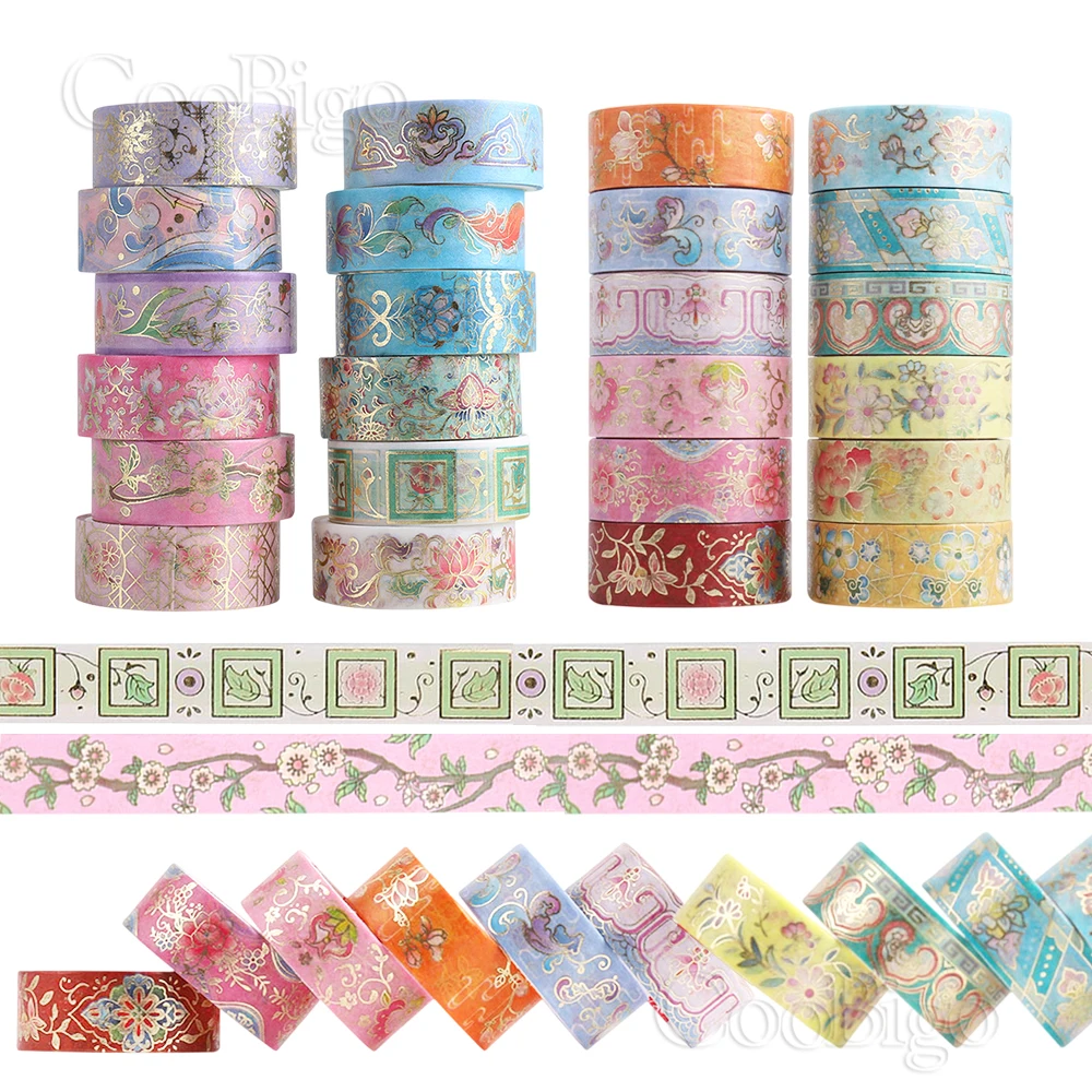 Colorful Tradition Chinese Floral Washi Tape Set Masking Decor Adhesive Sticker Scrapbook Journal Diary Gold Silver Foil 12Roll