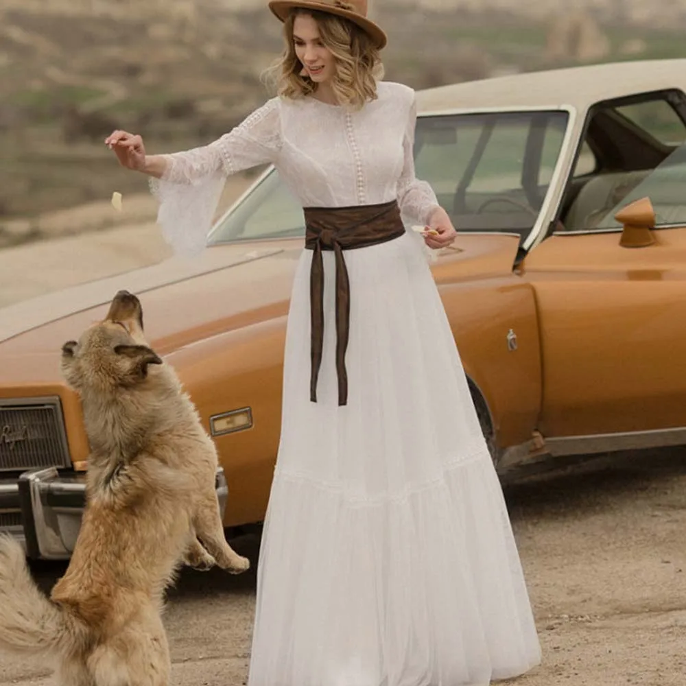 Vestido de novia de ensueño con cuello redondo y Espalda descubierta, Sexy de tul con ilusión vestido de novia, cinturón de manga acampanada, línea A, Vintage