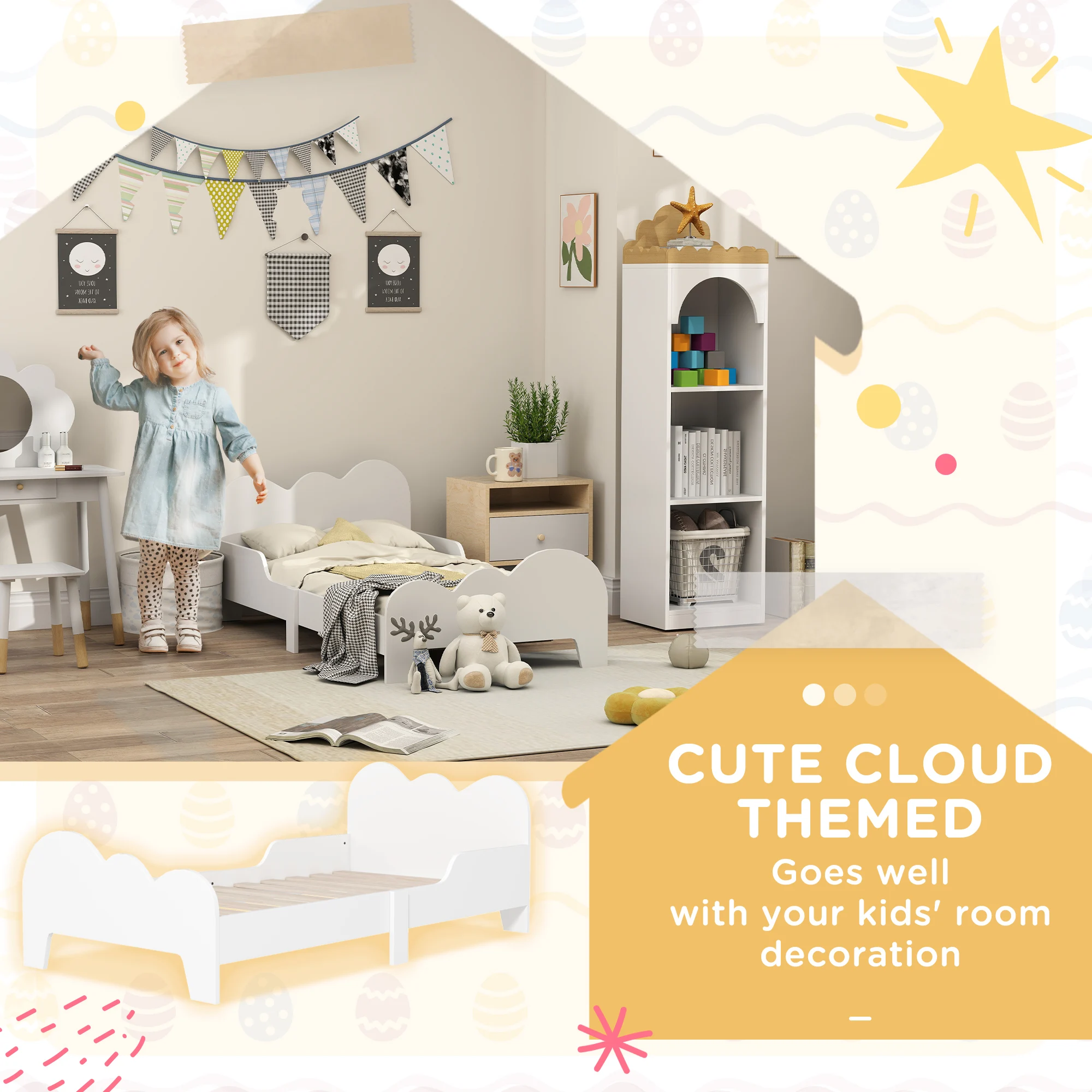 AIYAPLAY Toddler Bed, Cloud-Themed Kids Bed Frame with Safety Rails, Kids Bedroom Furniture, for Ages 3-8 Years, White