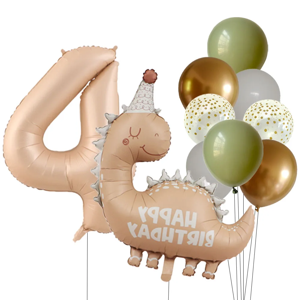 Retro Matte Caramel Colored Dinosaur Aluminum Film Number Balloon Set Happy Birthday Party Decoration Kids Background Photo Prop