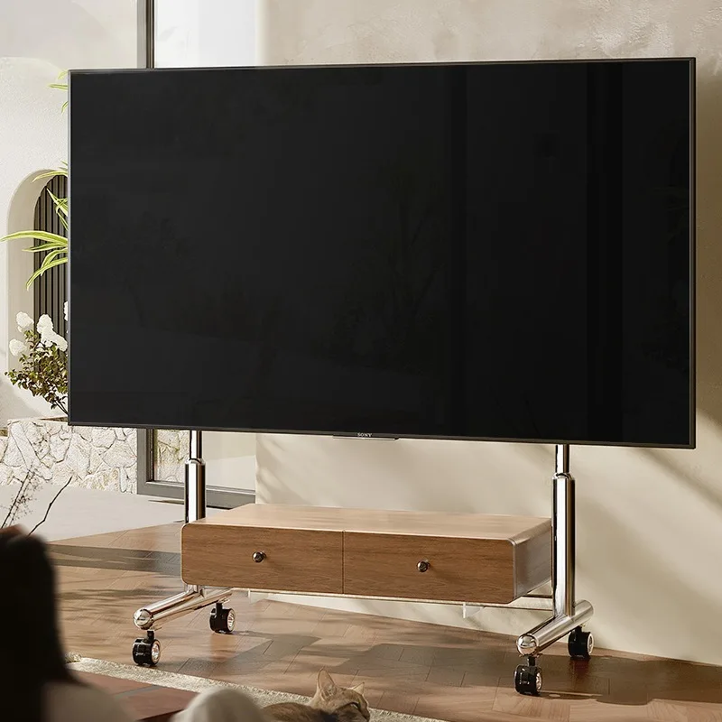 Stainless steel TV bracket, movable floor cart, solid wood TV cabinet for 32-75 inches