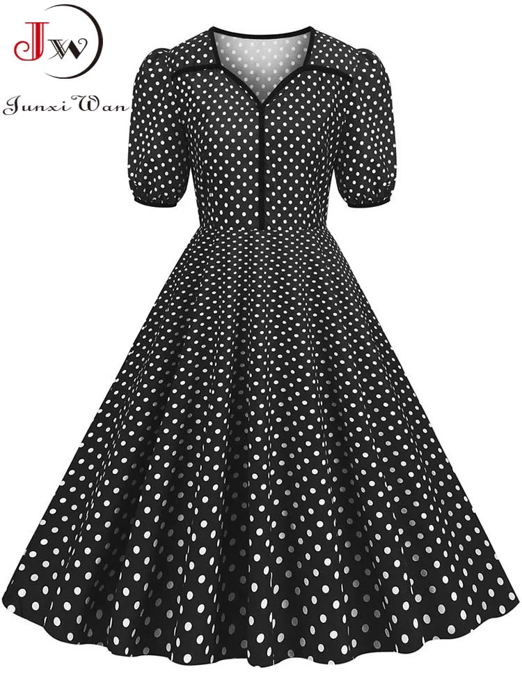 Vestido veraniego Retro con estampado de lunares para mujer, vestido veraniego elegante de manga corta con cuello en V