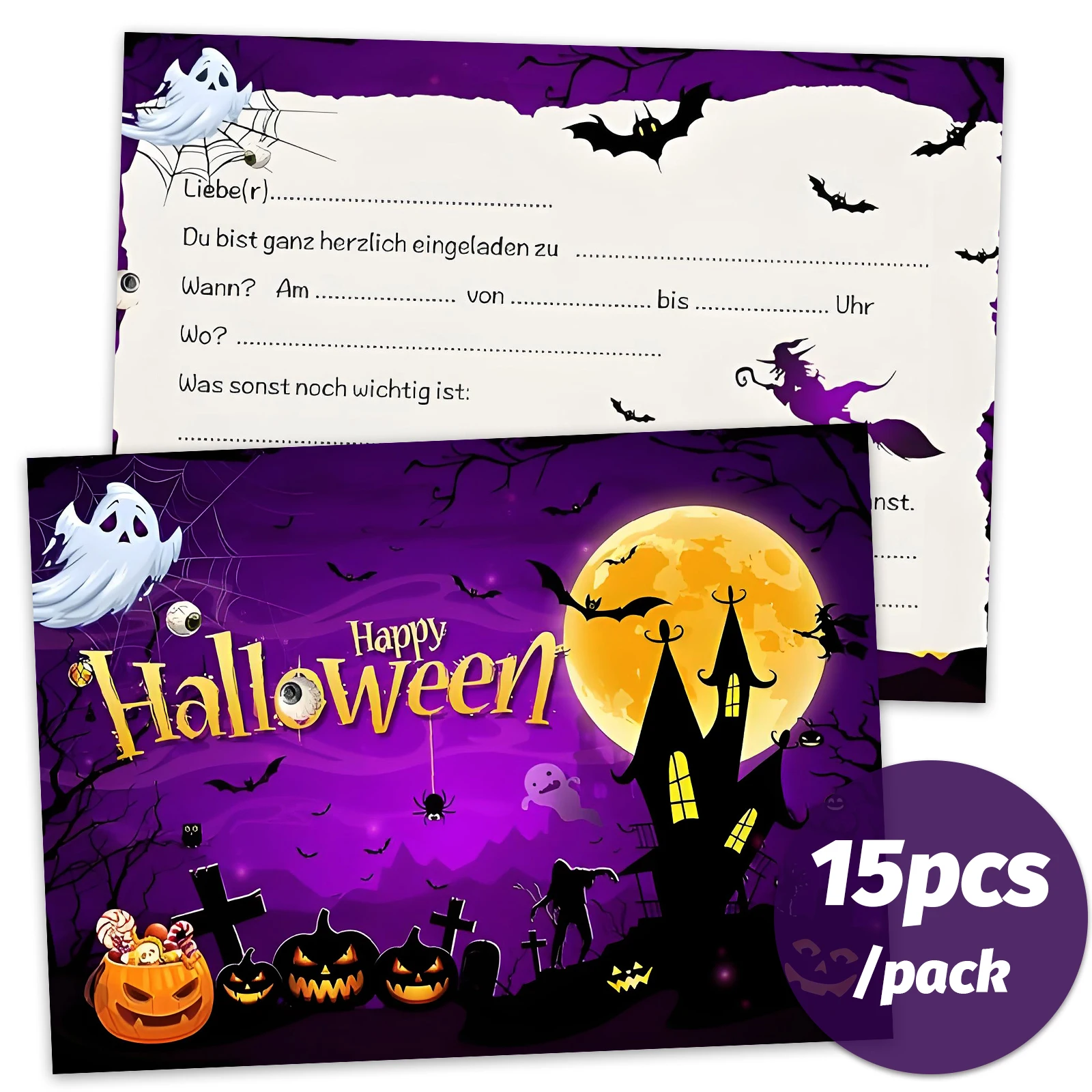 15 Stück Halloween-Einladungskarten – gruselige lila Kürbis-/Geister-/Fledermaus-Designs – für Geburtstagsfeiern, Themenpartys oder Halloween p
