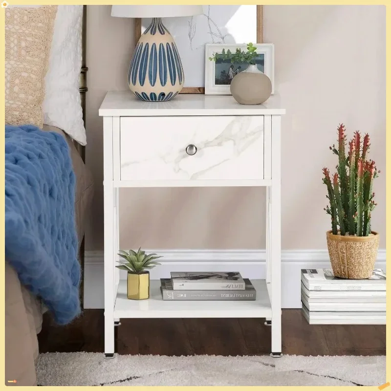 Modern Nightstand Set of 2 with Storage Shelf & Drawer, White End Table for Bedroom Living Room