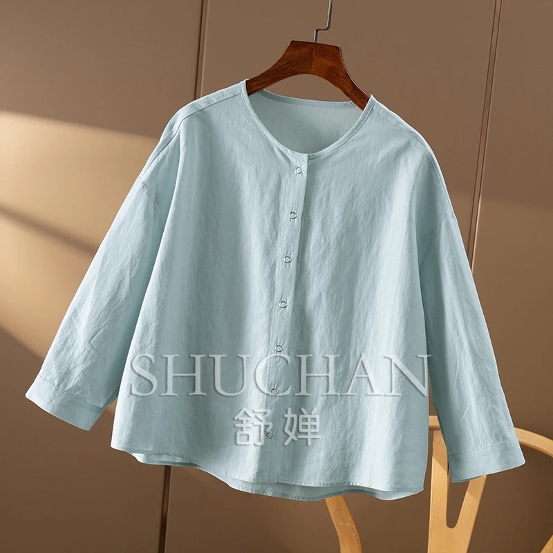 Simple High-quality Lyocell Linen Round Neck Long-sleeved Shirt Women 5W91 White Shirt Women Top