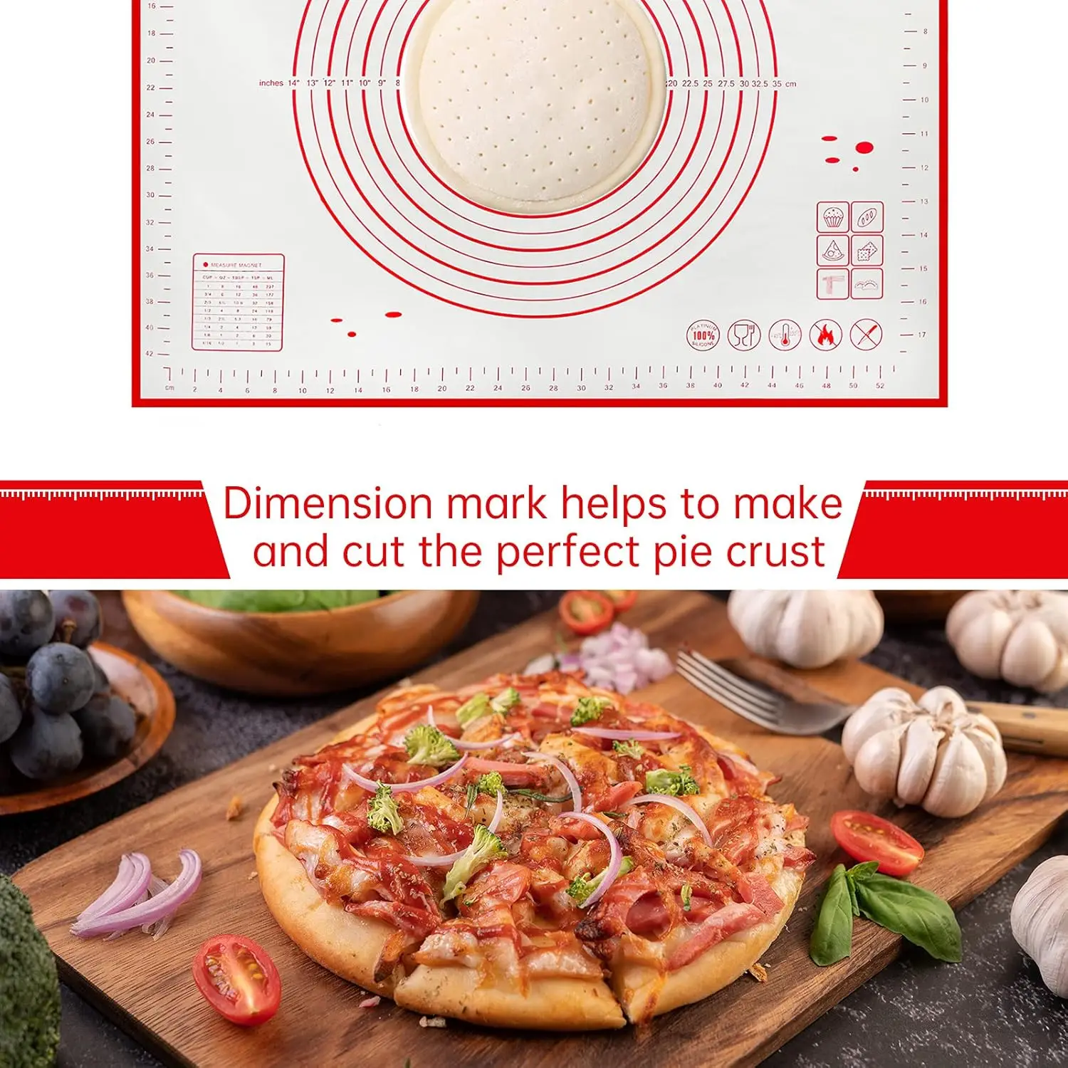 Non Slip Silicone Pastry Mat with Measurements Nonstick Thick Baking Mat for Rolling Out Dough Fondant Pizza Mat Counter Mat