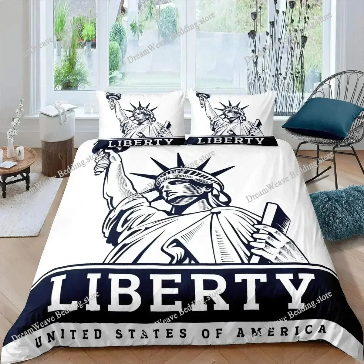 Statue of Liberty Duvet Cover Hip Hop Full Size Peace Sign Love Heart Bedding Set American Eyes Colorful Polyester Quilt Cover96
