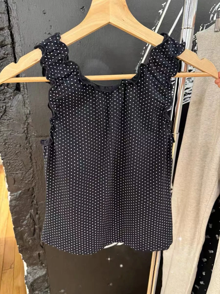 New Polka Dot Bow Black Tank Tops Summer Sexy V Neck Cotton Sleeveless Cropped Vests Women Vintage Sweet Ruffles Slim Crop Top﻿