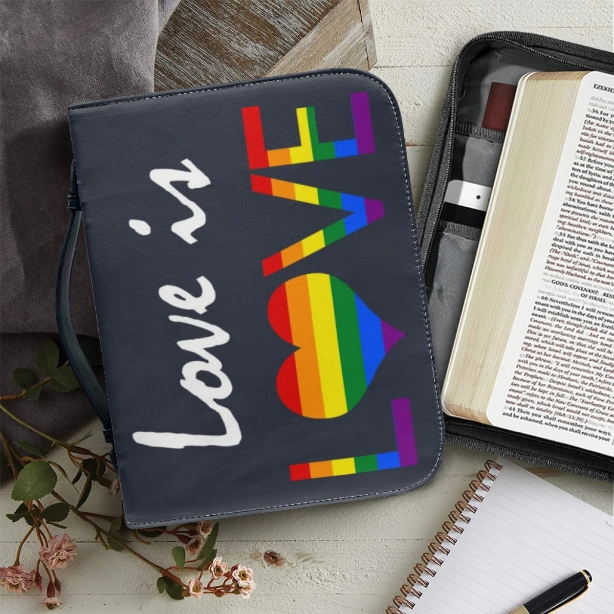 FORUDESIGNS Love Is Love Theme Tote Bag Women Leather Universal Ladies Bible Protective Stand Cover Convenient Storage Bible