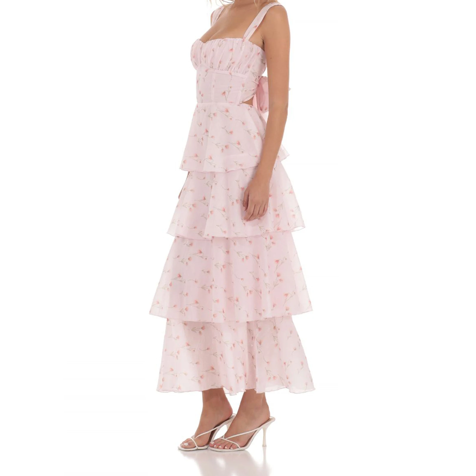 ผู้หญิงยาว Cami Dress แขนกุดดอกไม้พิมพ์ฉัตรชุดชายหาดกลับผ้าพันแผลออกแบบสําหรับเทศกาลออกเดทค็อกเทลปาร์ตี้