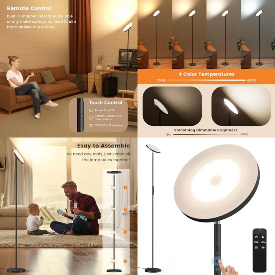 

Bright Floor Lamp, 36W 3500LM Standing LED Lamp with Remote, Dimmable Tall Lights 2700K Warm to 6500K Cool, Night Mode/Memory F