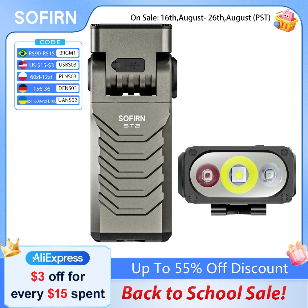 SOFIRN ST2 3000LM LED-Taschenlampe 3-in-1 Weiß Rot UV Magnetische USB-C Wiederaufladbare 18650 IPX6 Wasserdichte Taschenlampe