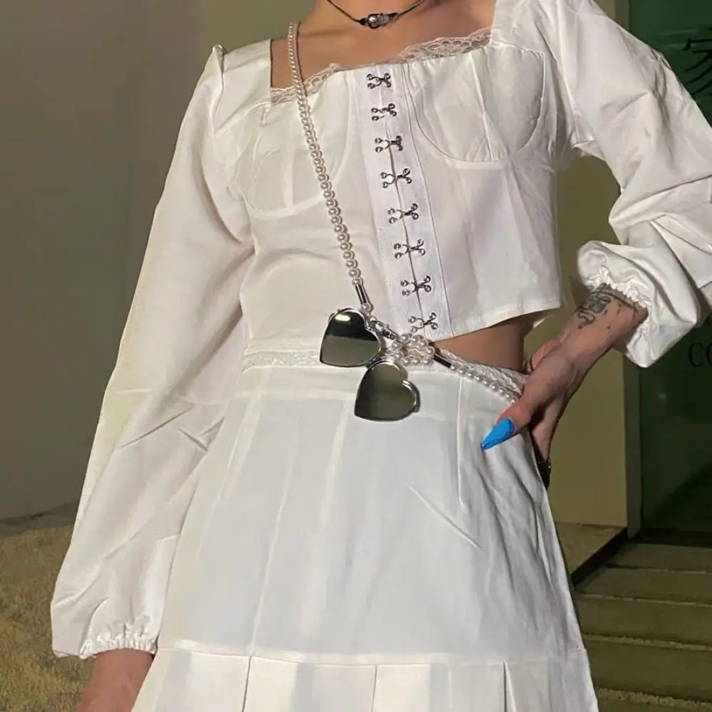 الرجعية اللؤلؤ قلادة طويلة اللؤلؤ حزام الخصر Crossbody حزام سلسلة حزام الزخرفية مع مرآة المرأة لؤلؤة الخصر سلسلة يوميا