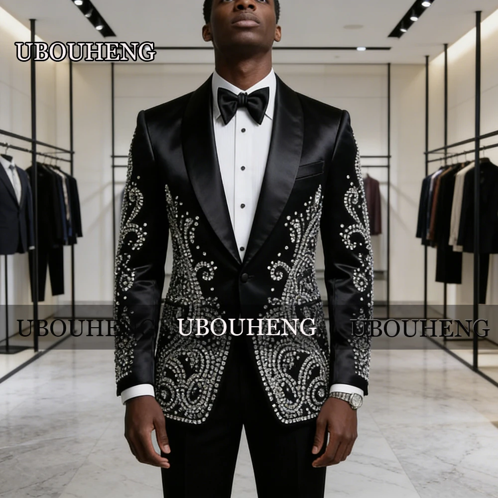 

Sparkly Beaded Stain Suits Men For Wedding Shawl Lapel Prom Blazers Customized Groom Party Wedding Tuxedos 2 Piece Sets Outfits