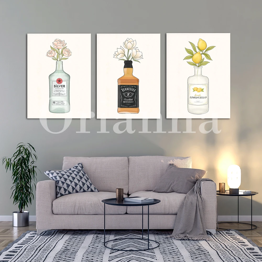 Tequila Vodka Liquor Rum Whiskey Gin & Flowers Oranges Lemon Peach Alcohol Wall Art Prints Posters Kitchen Bar Decor Painting