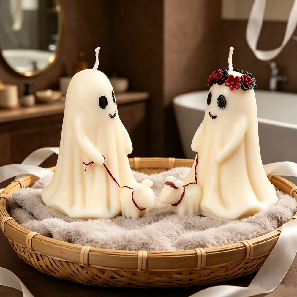 Halloween Ghost Bride & Groom Candle Mold with Couple Ghost Walking Dog Statue Detail Mold DIY Candle,Soap Making Craft Lovers view 3
