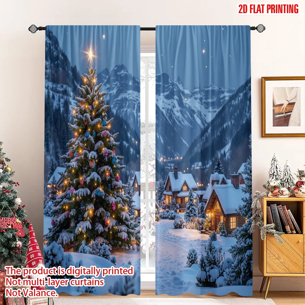 

2pcs 2D flat printing Christmas Window Drapes Christmas Village Snow Scenery Fabric Without Electricity Family Party Use for