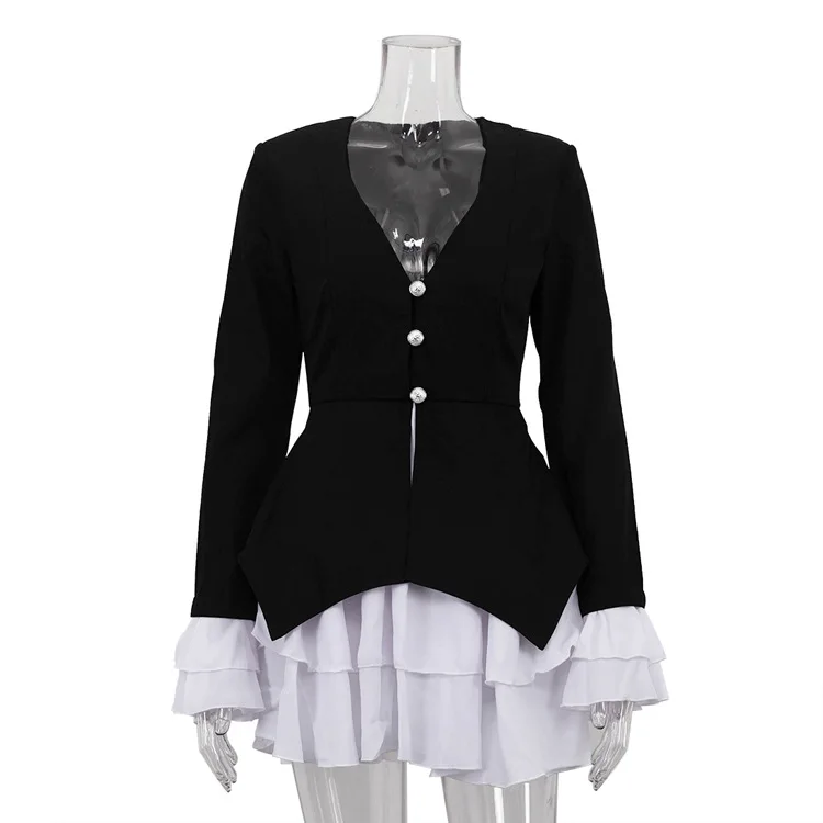 

Новое женское весеннее мини-платье с V-образным вырезом, модное, с оборками, имитация двух частей, с рукавами-лепестками, длинный рукав