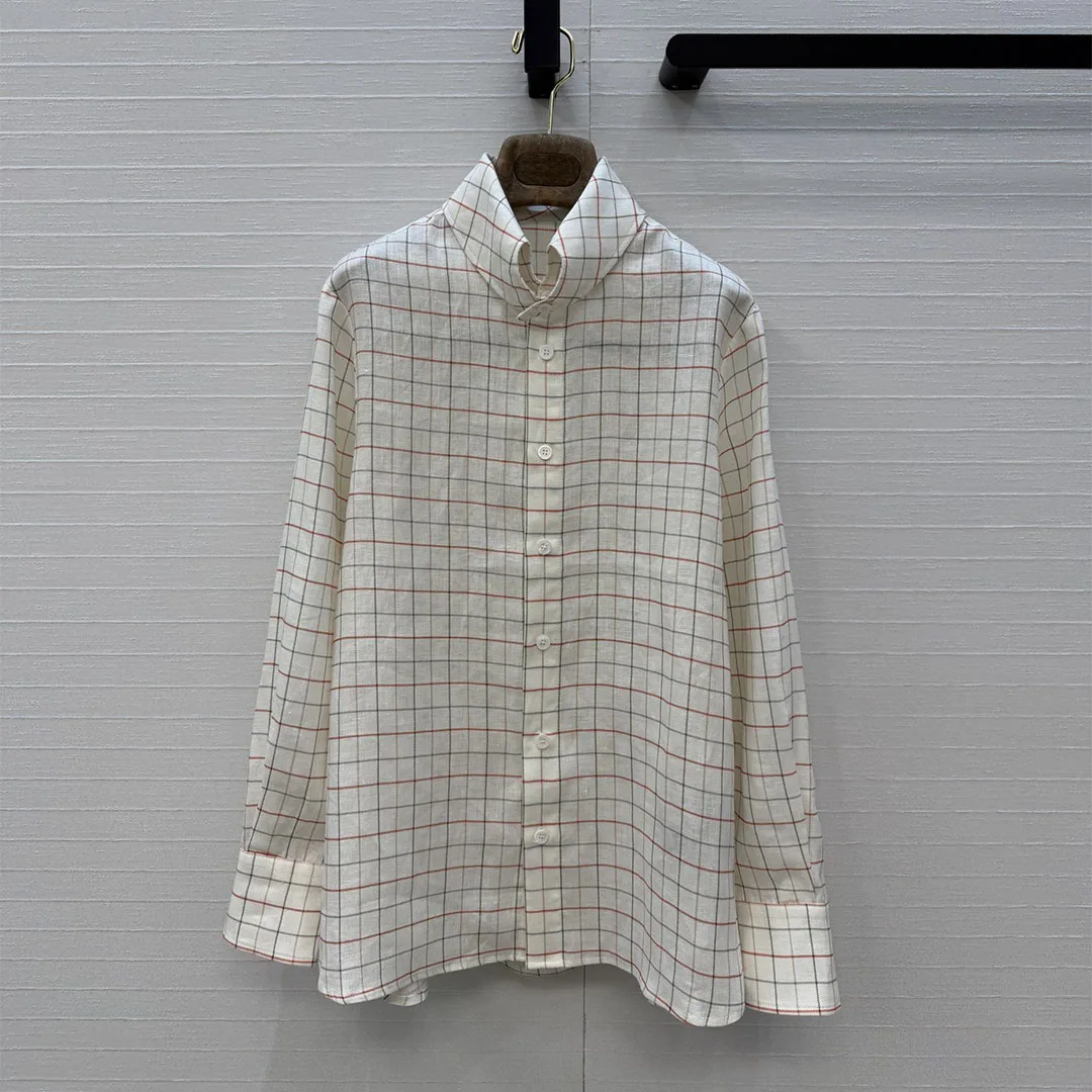 

Elegant Lady Old Money Style 100% Linen Shirt Women Lapel Long Sleeve Plaid Pattern Casual Office Work wear Blouse Tops